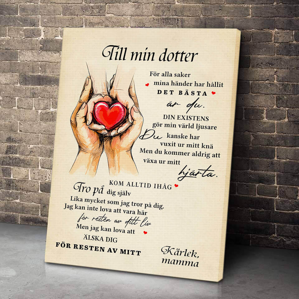 Foto på duk från mor till dotter - "Hjärtat är fullt av kärlek"